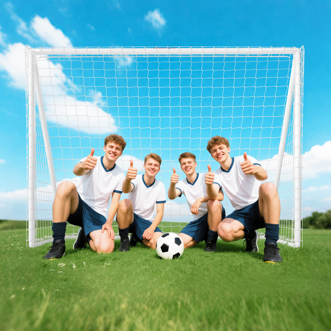 Fodboldmål, robust net, plastikramme, pløkker, 240L x 90B x 180H cm, hvid