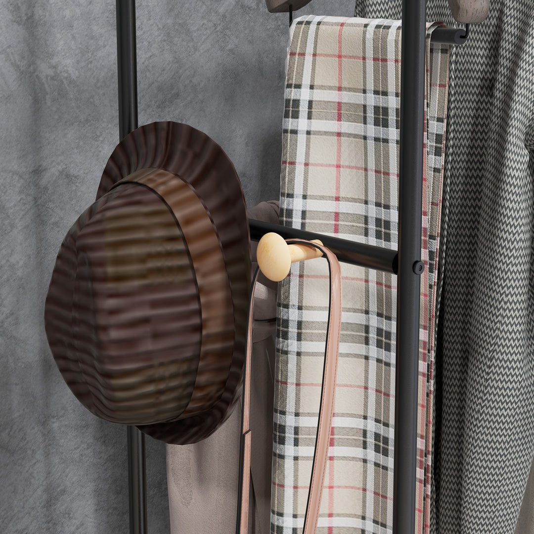 Tøjstativ, 2 tøjstænger, hylde og kroge, bambus/stål, sort