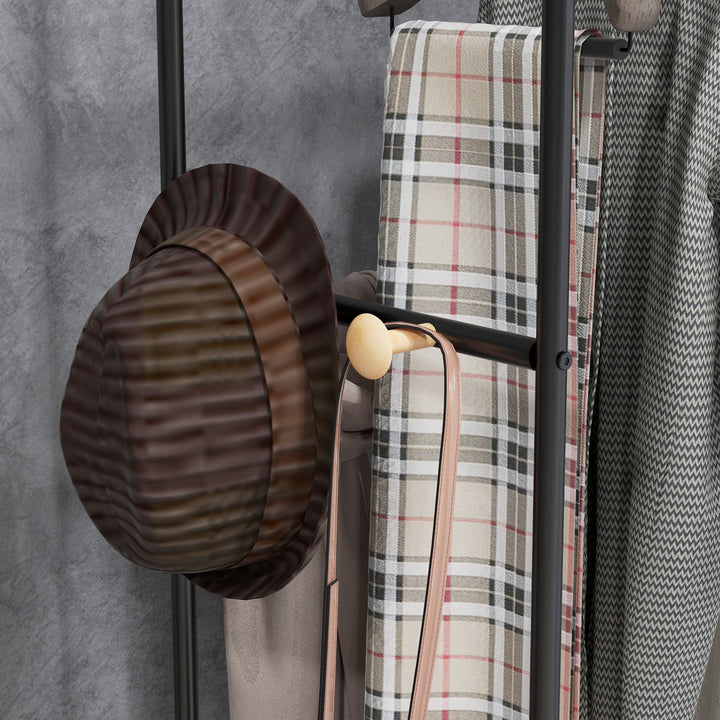 Tøjstativ, 2 tøjstænger, hylde og kroge, bambus/stål, sort