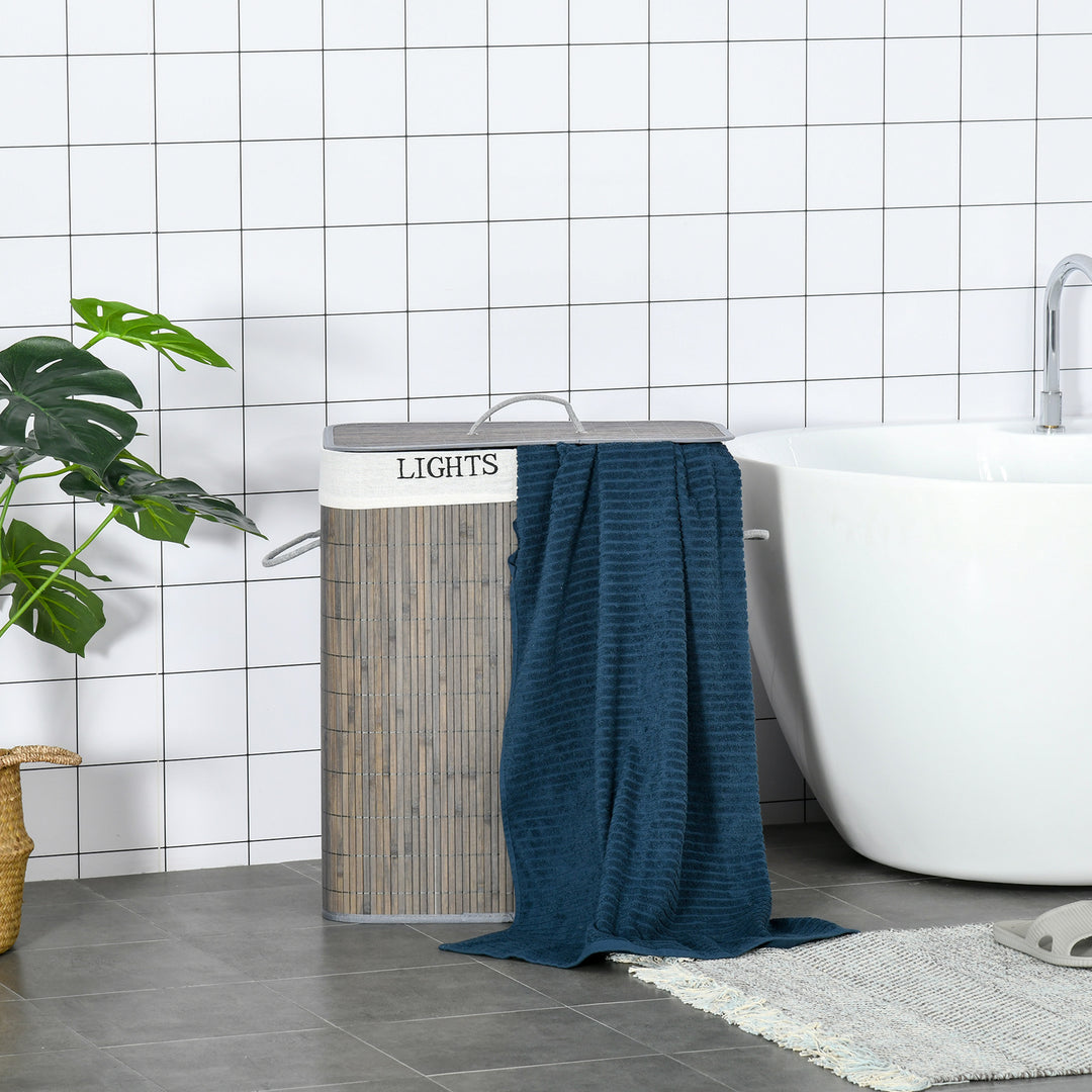 100L vasketøjskurv med 3 håndtag, med vaskbar vasketøjspose, bambus, polyester, bomuld, metal, 52 x 32 x 63 cm, grå