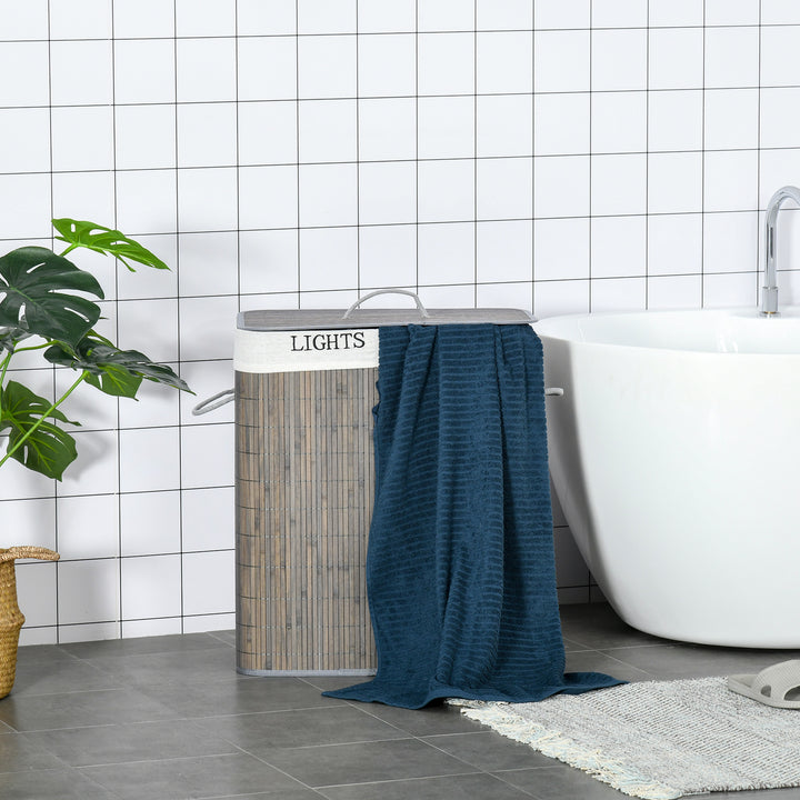 100L vasketøjskurv med 3 håndtag, med vaskbar vasketøjspose, bambus, polyester, bomuld, metal, 52 x 32 x 63 cm, grå