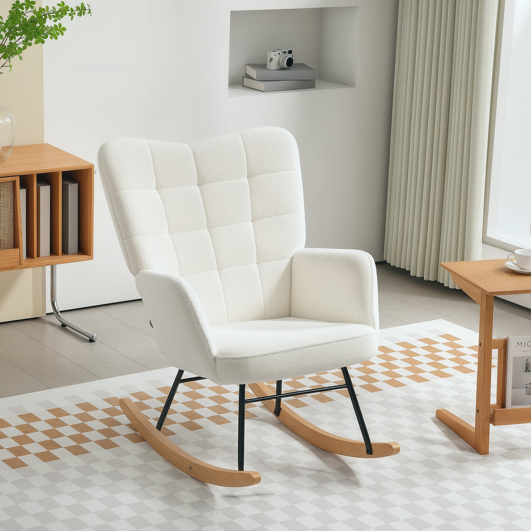 Gyngestol i fleece-look med armlæn, ergonomisk lænestol med træbase, til stue, soveværelse, hvid