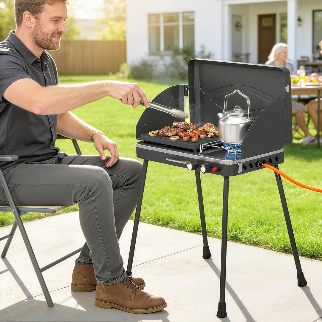 Bærbar gasgrill, 2 brændere, 7 kW, 2-i-1 bordgrill med stegefunktion, foldbare ben, grillrist, vindskærm, låg og låsemekanisme.