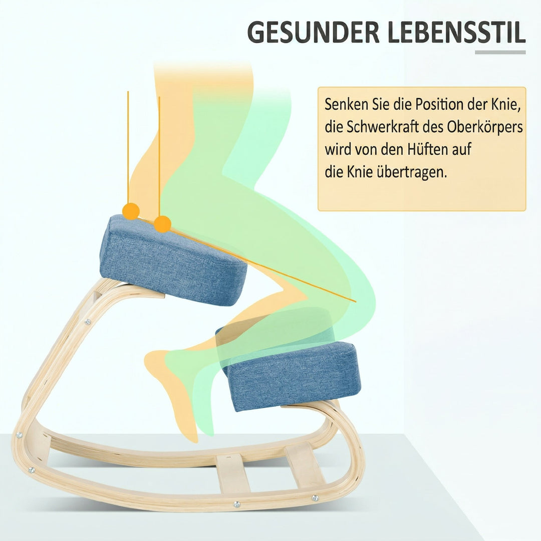 Knælestol, ergonomisk skammel, polstret skammel for en sund kropsholdning, birketræ, 120 kg lasteevne, blå