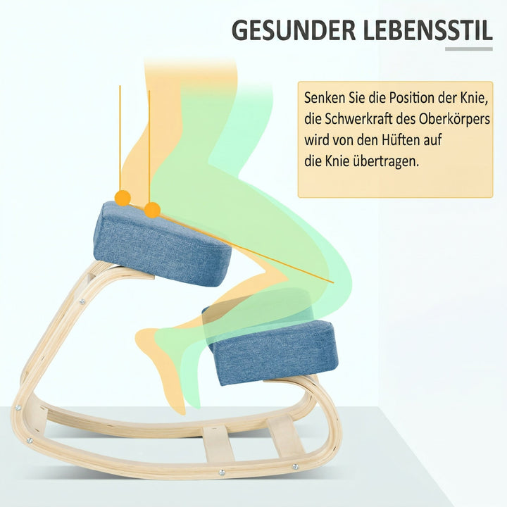 Knælestol, ergonomisk skammel, polstret skammel for en sund kropsholdning, birketræ, 120 kg lasteevne, blå