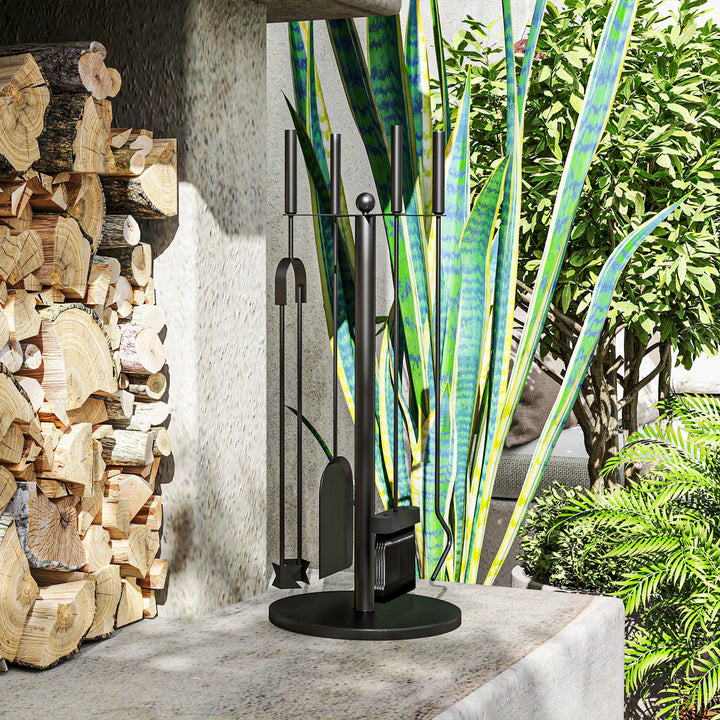 5-Delt pejsværktøjssæt, kost, skovl, tang, ildrager og stativ, brandsikkert metal, sort