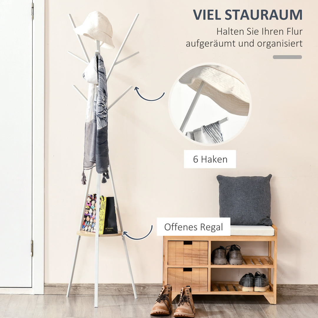 Knagerække, tøjstativ med 8 kroge, knagerække med hylde, stående knagerække til tøj, hatte, tasker, metal, hvid, 45 x 45 x 180 cm