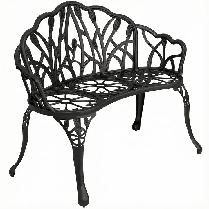 Havebænk, 2-personers, støbt aluminium, vejrbestandig, udendørsbænk med tulipanryglæn, blomstermotiv, 99 x 57 x 78 cm