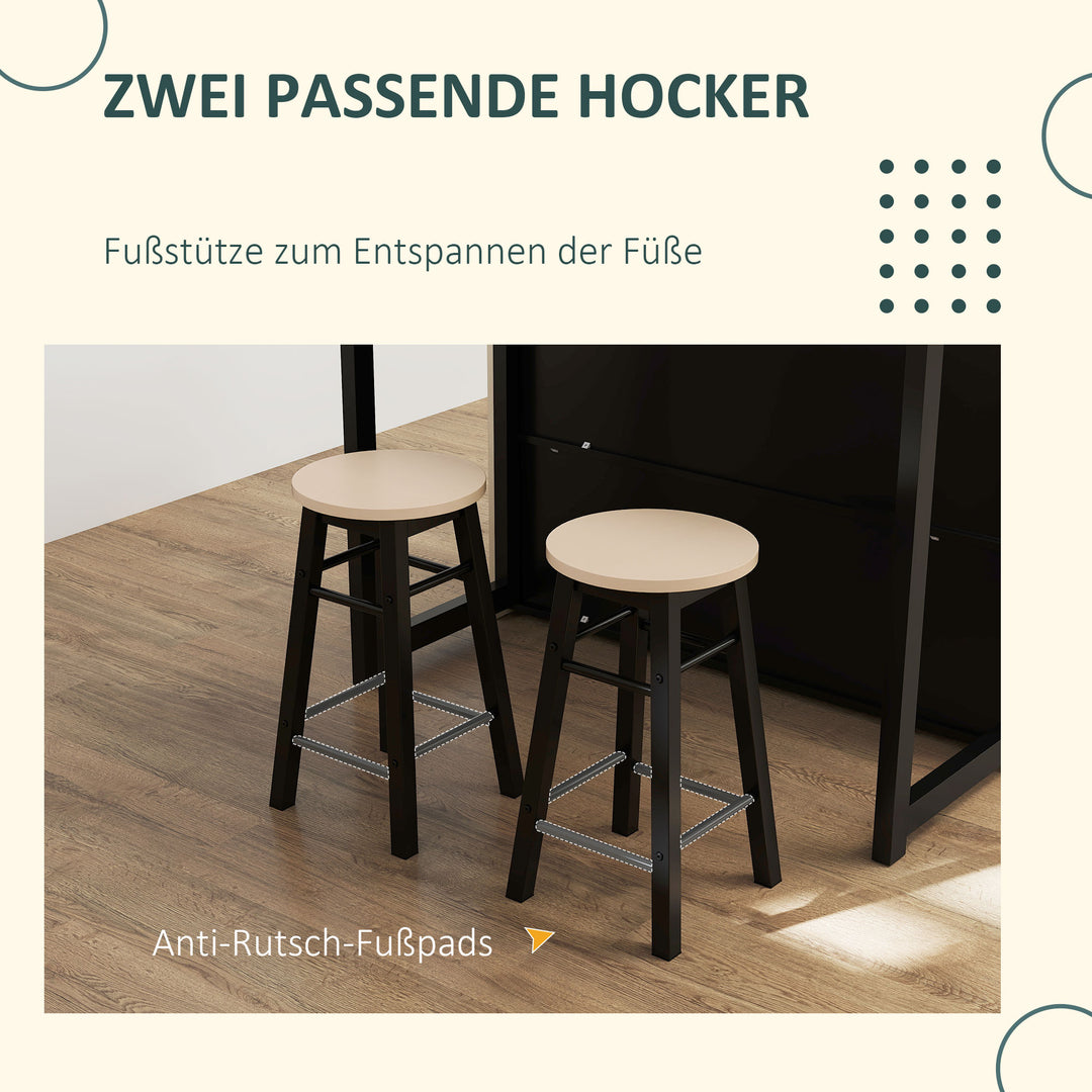 3-Delt barsæt, barbord med foldbar bordplade, 2 barstole, 6 opbevaringsrum, sort + eg, 116 x 70 x 89,5 cm