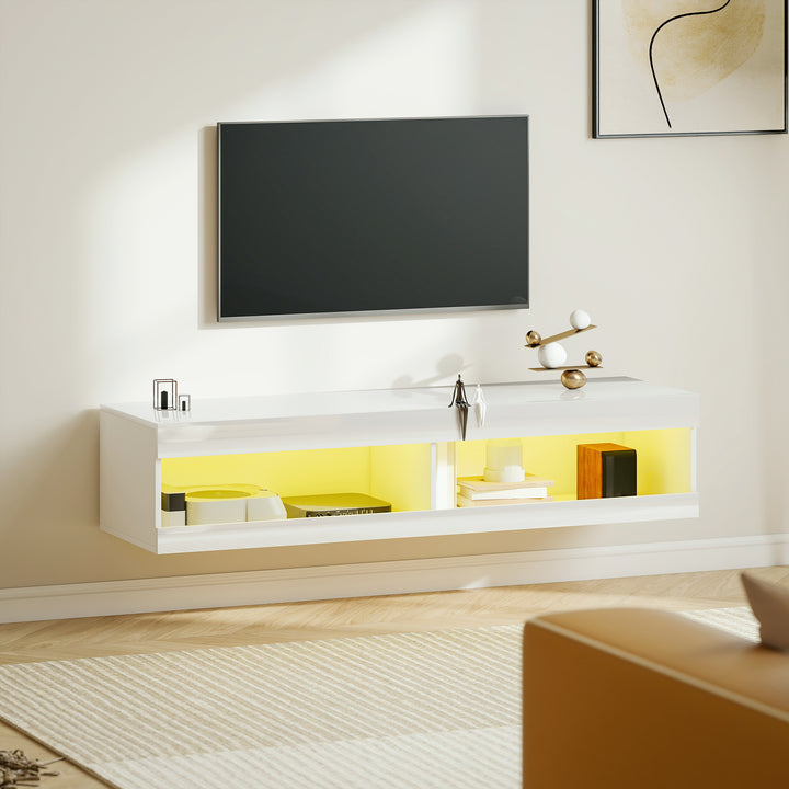 TV-skab, vægmonteret TV-lavbord med RGB LED-belysning i 16 farver, TV-bord med åben opbevaringsplads, til 55-60 tommer TV, til stue, soveværelse, 140 x 40 x 30 cm, hvid højglans