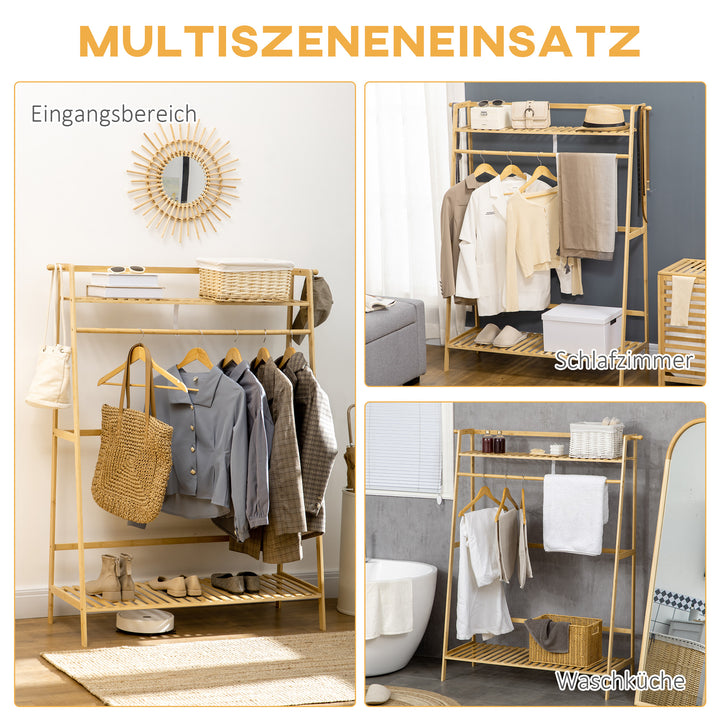 Bambus tøjstativ med 2 knager og tøjstang, 2 hylder, 114 x 40 x 139 cm