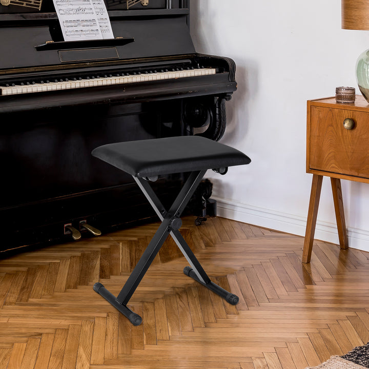 Højdejusterbar klaverstol, X-formet klaverbænk med kunstlæderhynde, foldbar klaverstol til klaver og keyboard, 39 x 29 x 37-47 cm, sort