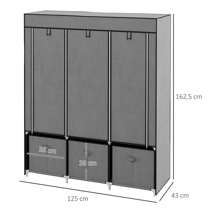 Stofgarderobe, foldbar garderobe, inklusive 3 skuffer, 125 cm x 43 cm x 162,5 cm, grå