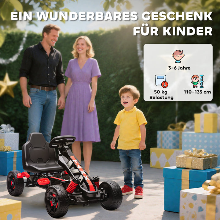 Gokart med pedaler, pedalbil til børn med bremse, skridsikre hjul, metalramme, 3-6 år, rød