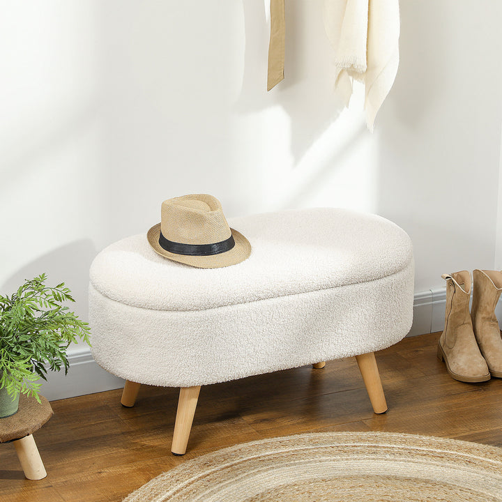 Bænk med opbevaring og låg, fodskammel til entré, stue, soveværelse, træ, stofbetræk, hvid