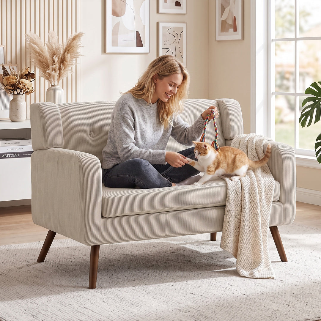 2-personers sofa, 118 cm, lille sofa med fløjlslook, beige