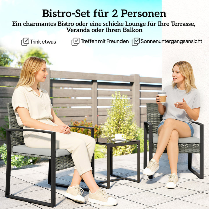 Rattan bistrosæt, 3-delt havemøbelsæt med 2 havestole, sofabord, aftagelige hynder, lysegrå