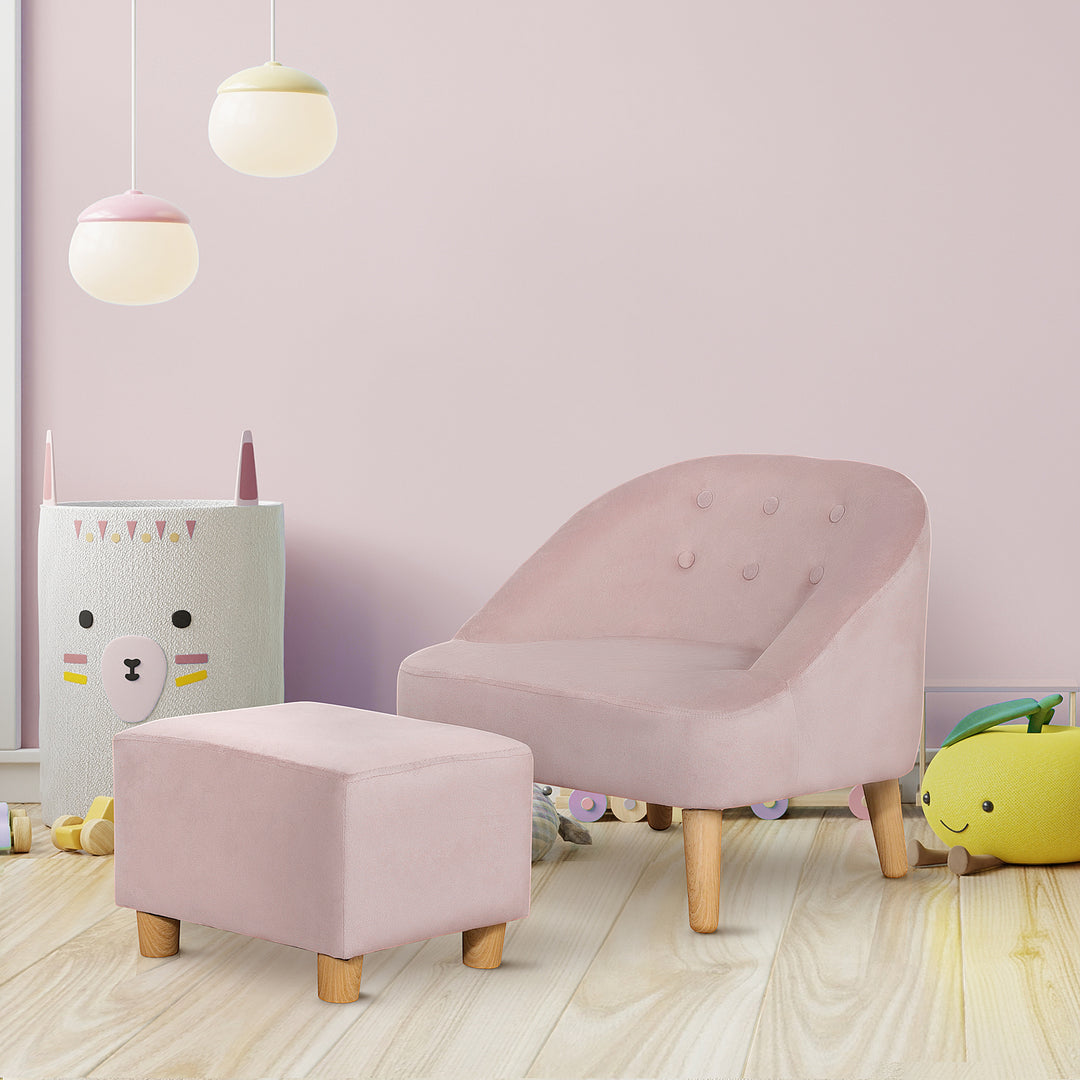 Børnelænestol med fodskammel til børn i alderen 3 til 5 år. Sødt design, fløjlslook. 51 cm x 51 cm x 50 cm. Lyserød.