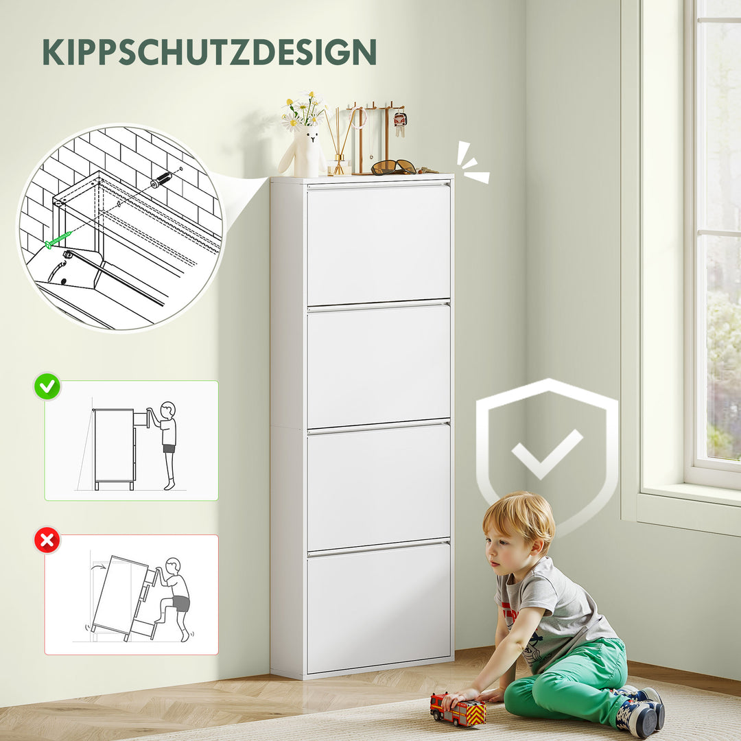 Slim metalskoskab til op til 8 par sko, 4 vippeskuffer, til entré, hvid