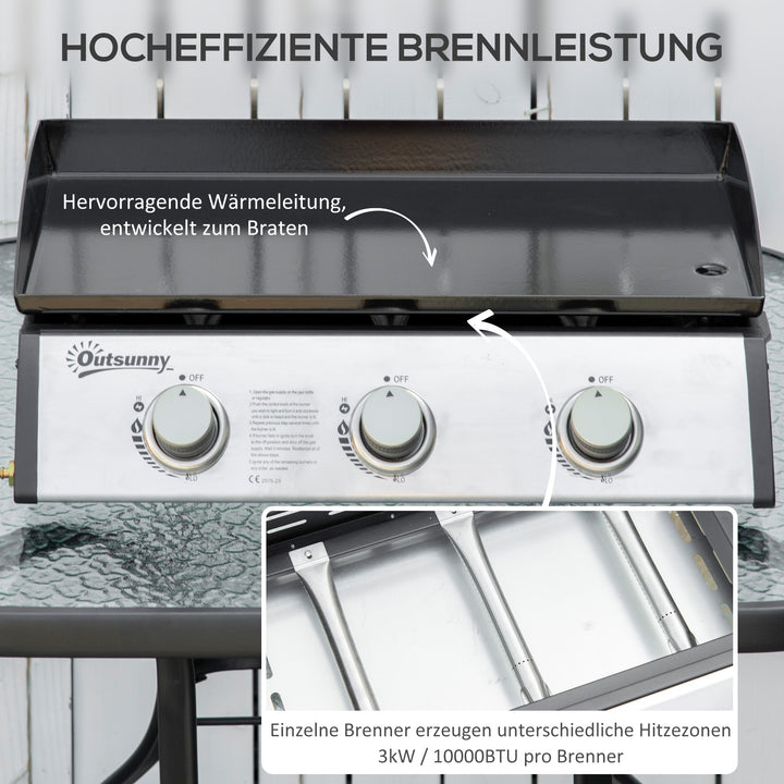 Gasgrill med 3 brændere, slange, non-stick grillplade, rustfrit stål, farve: sølv, 63 x 48 x 21 cm