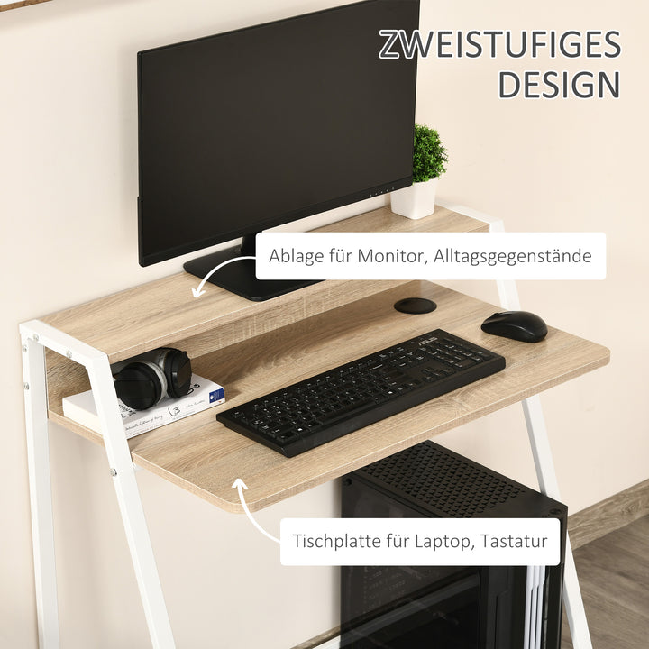 Skrivebord, computerbord med opbevaring og kabelhåndtering, moderne skrivebord med metalramme til studie, soveværelse, hjemmekontor, 84 x 45 x 85 cm, hvid + eg
