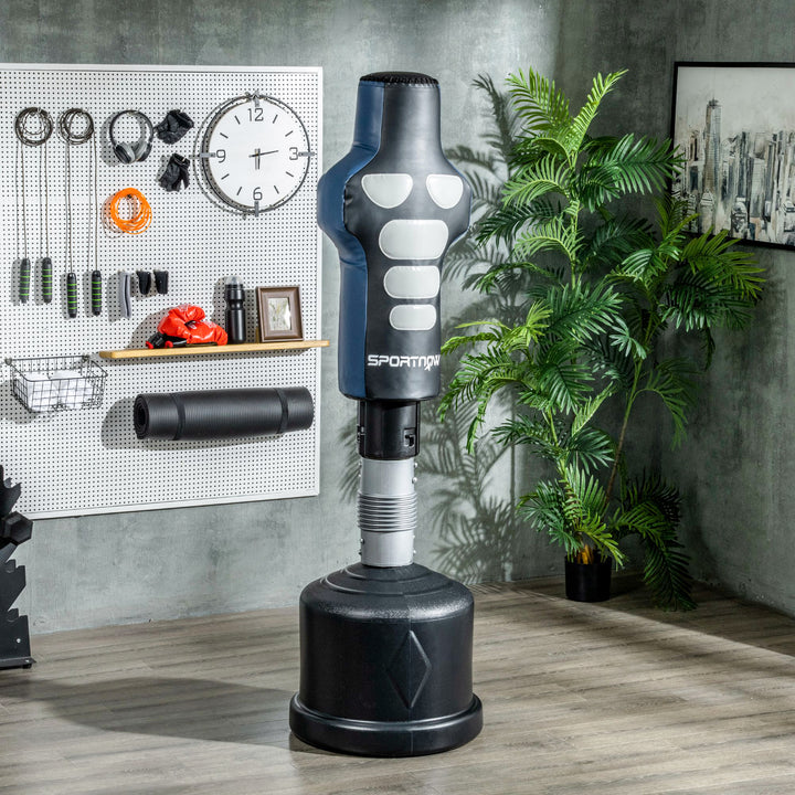 Boksedummy, fritstående, højdejusterbar, tung base, kunstlæder, sort+grå+blå, 55 x 55 x 178-207 cm