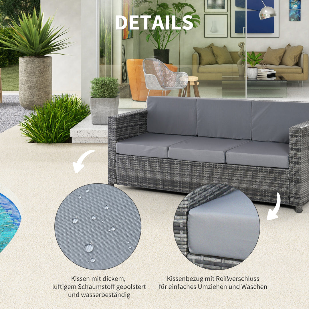 Polyrattansofa med hynder, 3-personers haveloungesofa, metal, polyester, grå, 185 x 70 x 80 cm