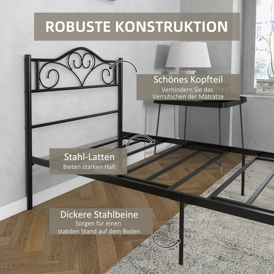 Seng 90 x 200 cm stål med lamelbund, hovedgærde og fodgærde, 31 cm høj, sort