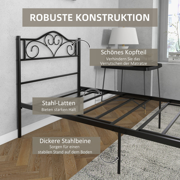 Seng 90 x 200 cm stål med lamelbund, hovedgærde og fodgærde, 31 cm høj, sort