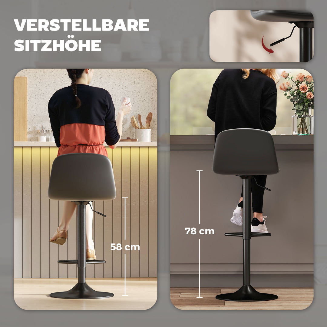 Sæt med 2 barstole, drejelige barstole i kunstlæder med ryglæn og fodstøtte, metalbase, sort