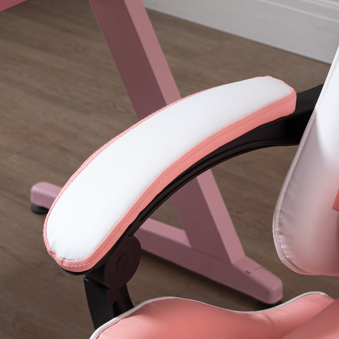Gaming chair computerstol ergonomisk kontorstol gamerstol med nakkestøtte lændehynde kontorstol højdejusterbar 360° drejelig skum kunstlæder pvc pink+hvid 64 x 67 x 119-127 cm