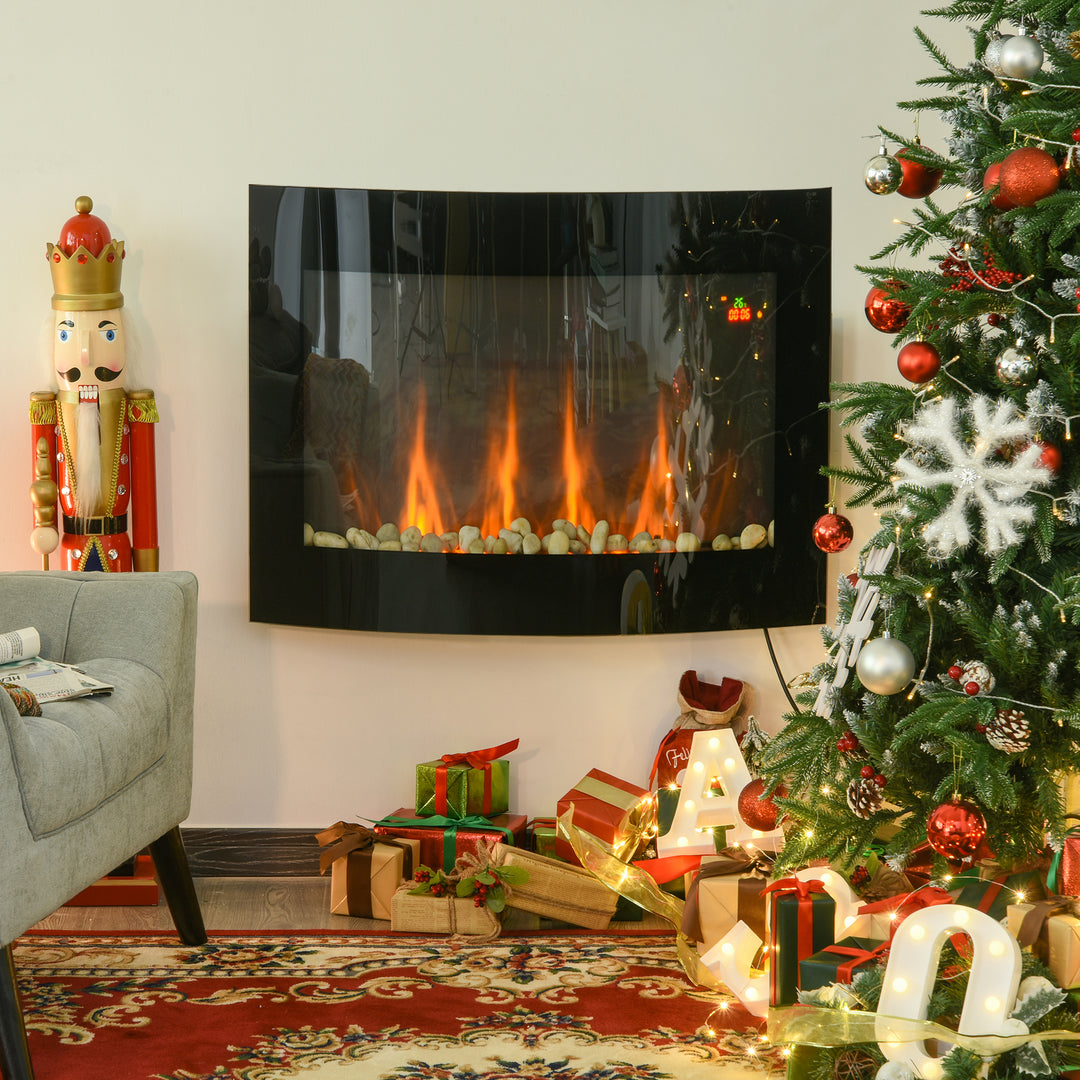 Elektrisk pejs med varmelegeme, elektrisk pejs med 3d flammeeffekt, 7 flammefarver, 900/1800 w, vægmonteret pejs med timer, dekorativ pejs med fjernbetjening, sort, 65 cm