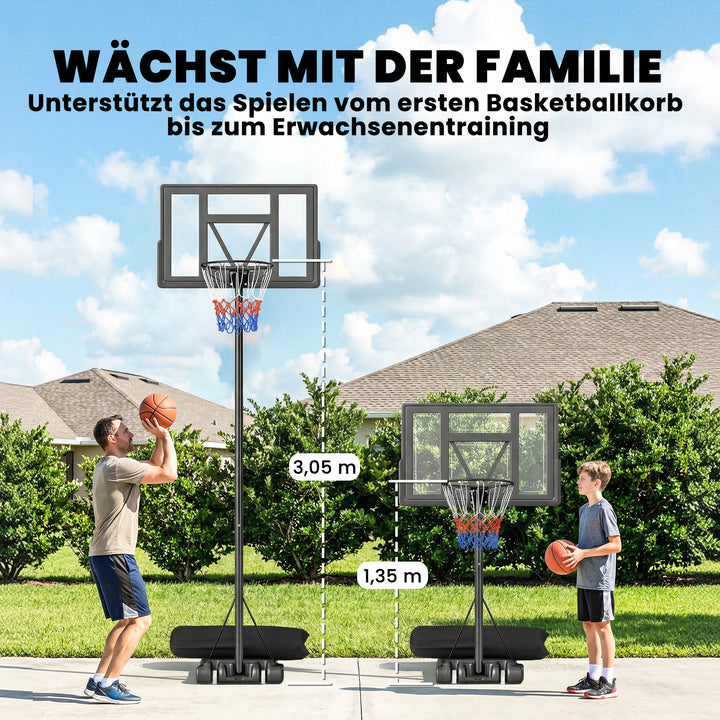 Udendørs basketballkurv 135-305 cm, hurtigt højdejusterbar, basketballstativ med 110x70 cm brudsikkert bagpanel, 2 hjul