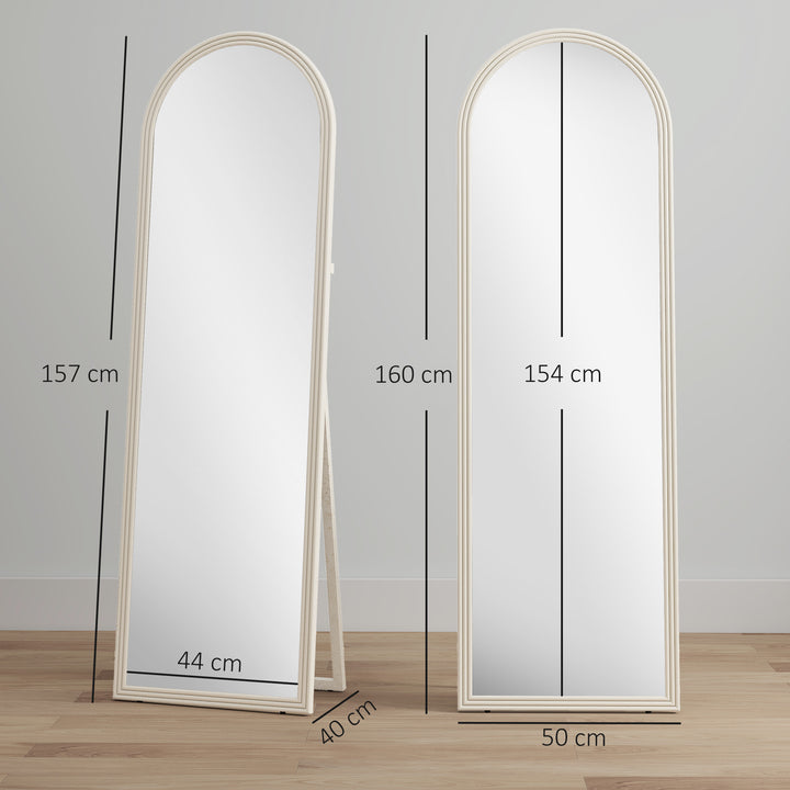 Helfigursspejl, 50 x 160 cm, fritstående, vægmonteret, buet ramme, hvid