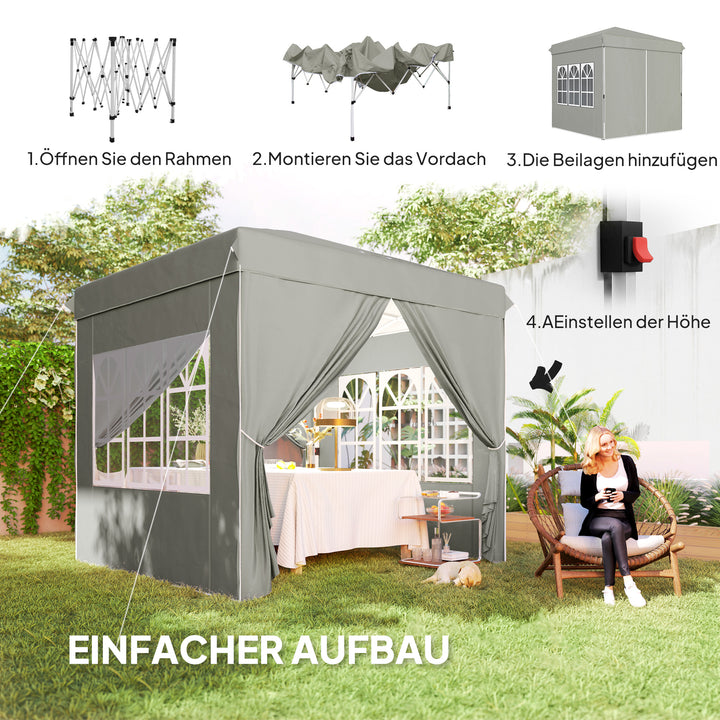 2,5 x 2,5 m pop-up pavillon med sidevægge og bæretaske, UPF50+ højdejusterbart havetelt, lysegrå