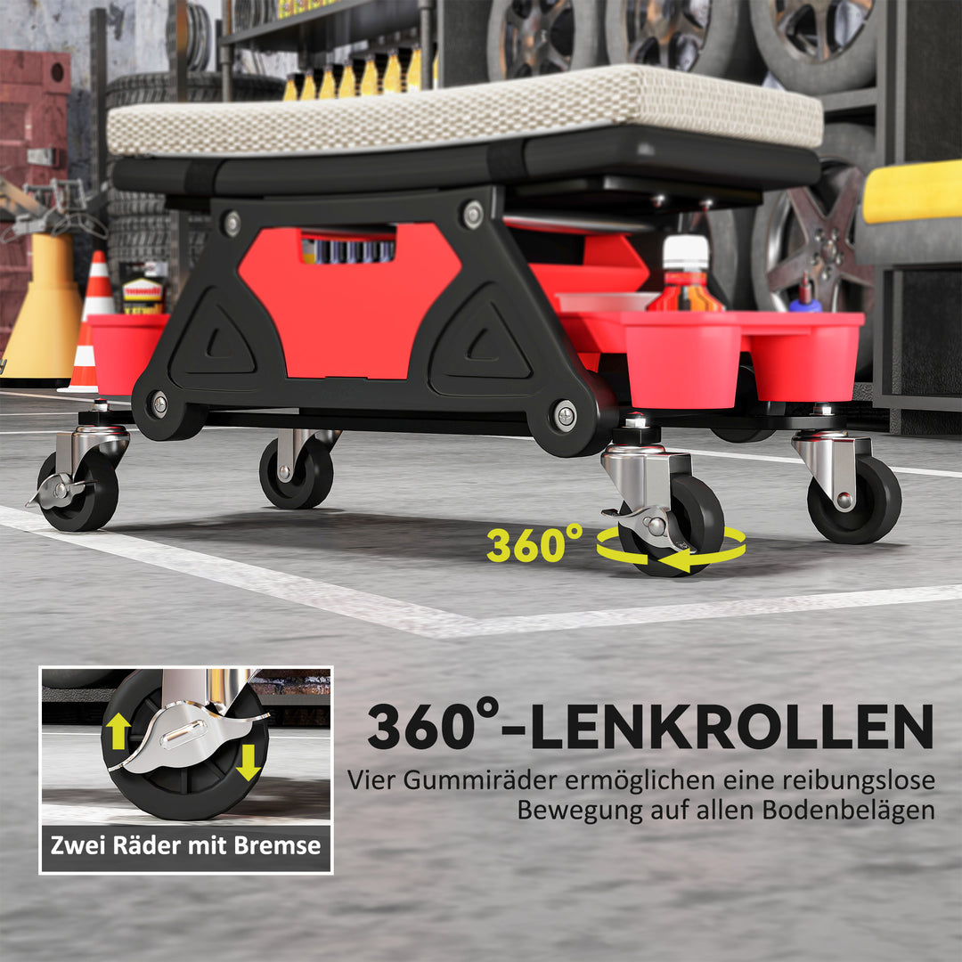 Værkstedsskammel med hjul, 35 cm høj rulleskammel, belastningskapacitet op til 135 kg, grå