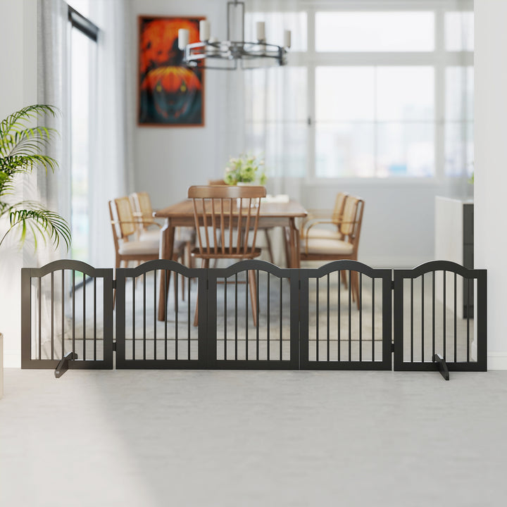 Fritstående hundegitter med fødder, foldbart, 5 paneler, 261,5 x 29,5 x 61 cm, sort