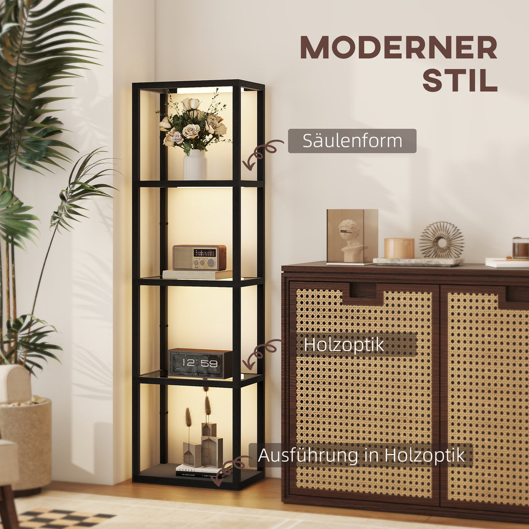 Led-gulvlampe med 4-lags hylde, oplyst hylde med 4 glasrum, fodkontakt, mdf, sort