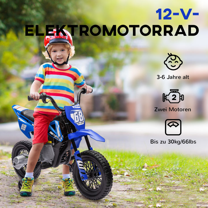 Elmotorcykel til børn, 12V børnemotorcykel med musik, børnekøretøj med støttehjul, 3-6 år, blå