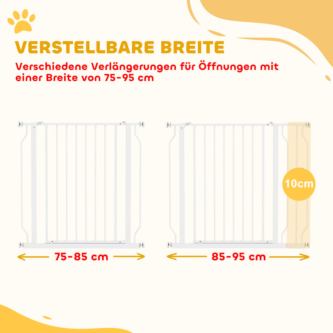 Hundesikkerhedsgitter, barrieregitter, tovejsåbning, vægbeslag med trykknapper, justerbar fra 75 cm til 95 cm, hvid