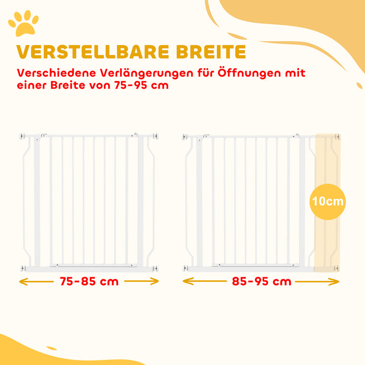 Hundesikkerhedsgitter, barrieregitter, tovejsåbning, vægbeslag med trykknapper, justerbar fra 75 cm til 95 cm, hvid