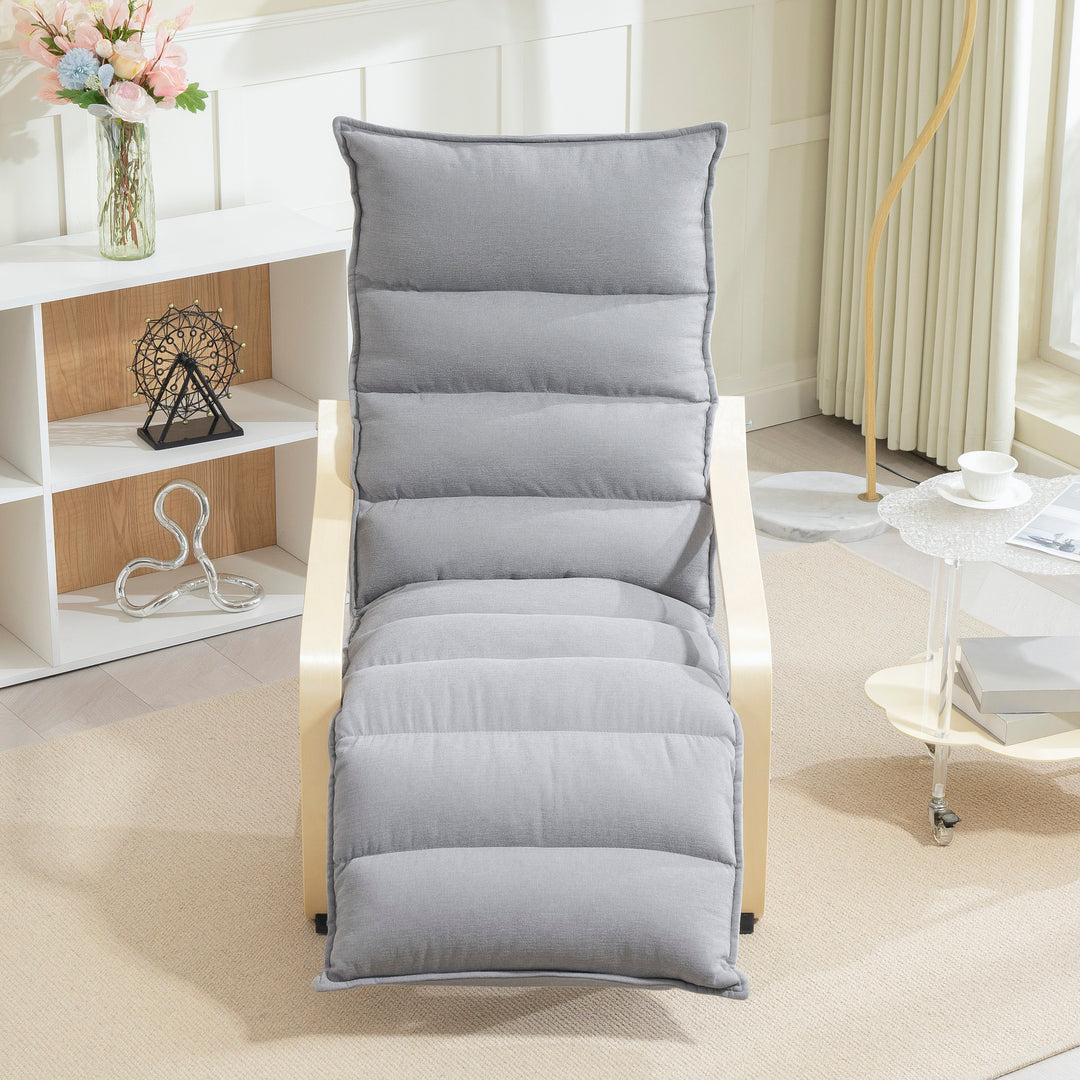 Loungestol i birketræ, polstret stol med justerbar fodstøtte, moderne lænestol, lysegrå