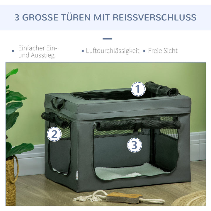 Transportkasse, foldbar, 3 indgange, indvendig hynde, til hunde og katte op til 4 kg/40 cm, grå