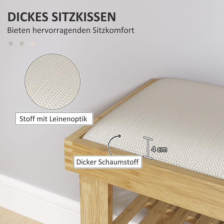 Skobænk, bambusbænk med opbevaring, 2 åbne rum, bænk 60 x 29 x 49 cm creme-hvid hynde