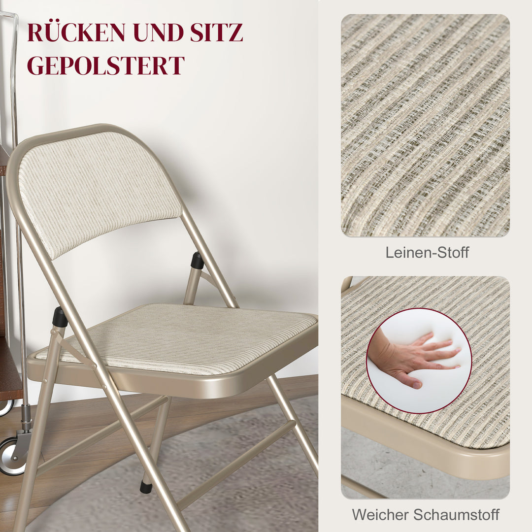 Sæt med 4 klapstole, bærbare kontorstole, stålben, klapstol til kontor, reception, venteværelse, beige linnedlook