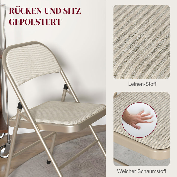 Sæt med 4 klapstole, bærbare kontorstole, stålben, klapstol til kontor, reception, venteværelse, beige linnedlook