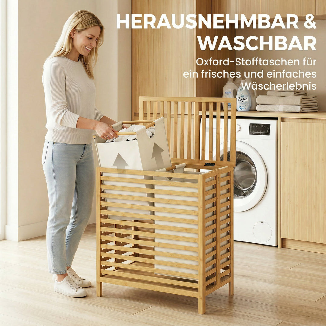 Bambus vasketøjskurv med låg, 2 kurve, foldbar, 64L, naturhvid og cremehvid