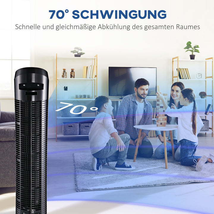 45W tårnventilator, stille design, 3 hastighedsindstillinger, 70° oscillation, ABS, sort, Ø27 x H75 cm