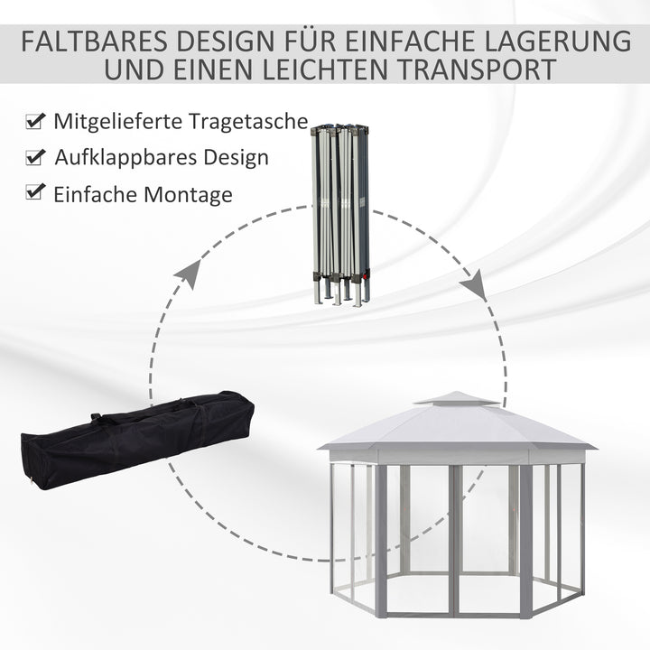 Foldbart pavillon 4 x 4m sekskantet design, netgardiner, vandafvisende, ventileret tag til grill, grå og hvid