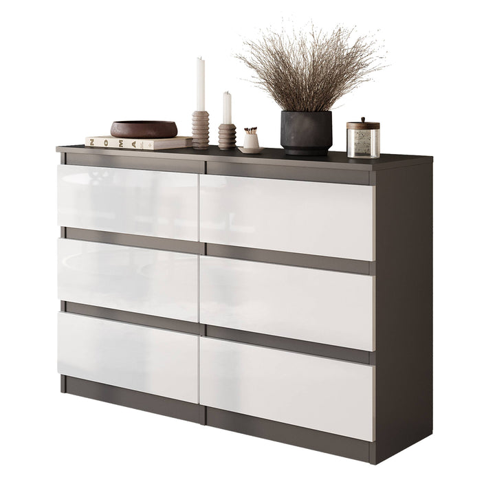 GABRIEL - Kommode / skænk med 6 skuffer - Antracit / Hvid Højglans - H71cm B100cm D33cm